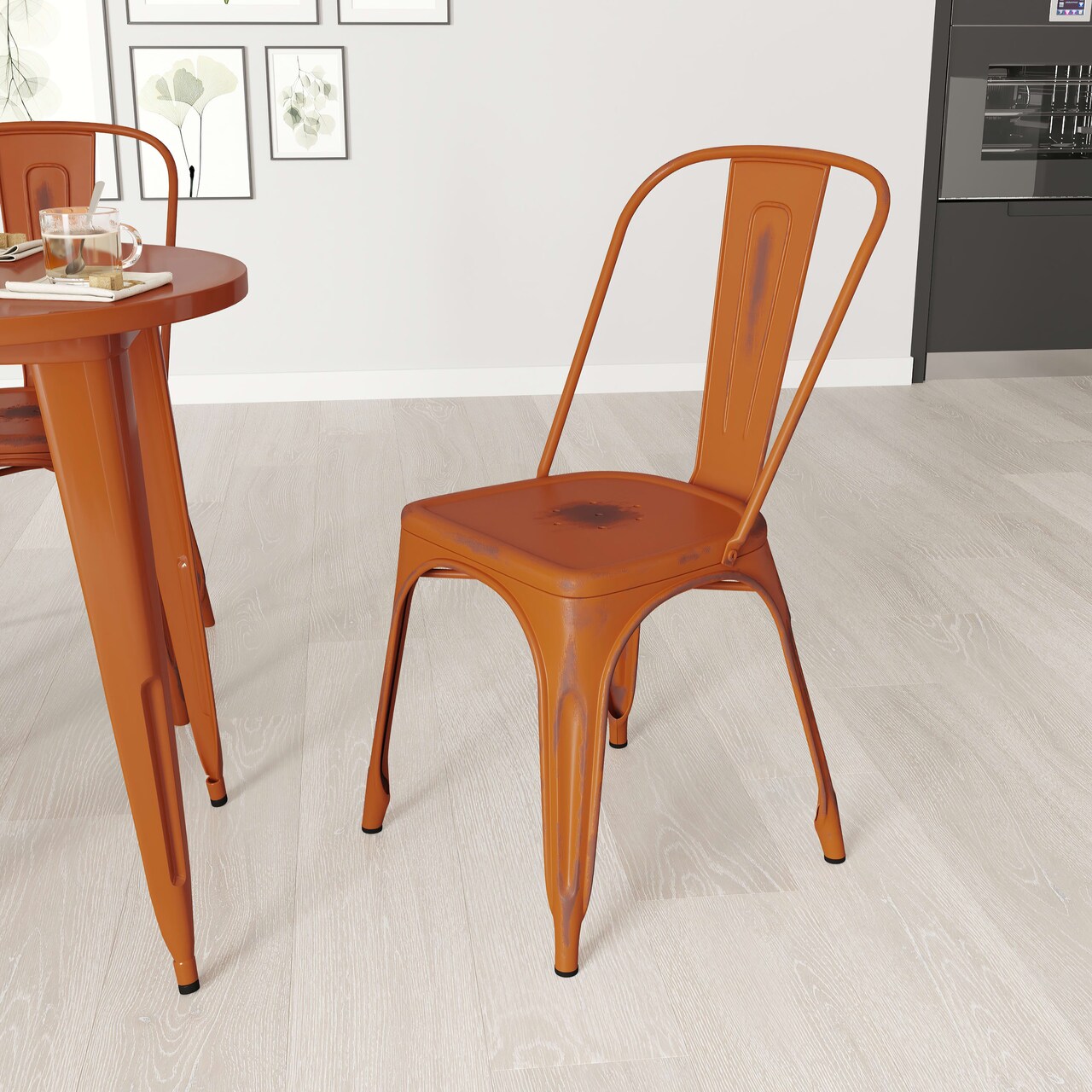 Merrick Lane Banks Indoor/Outdoor Stacking Metal Dining Chair with Single Slat Back and Distressed Powder Coated Finish